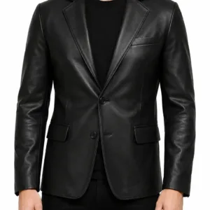 Notch Lapel Black Leather Blazer