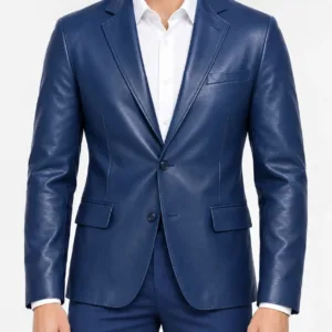 Notch Lapel Blue Leather Blazer