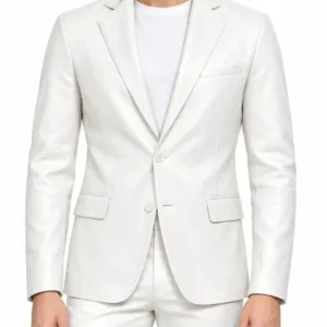 Notch Lapel White Leather Blazer
