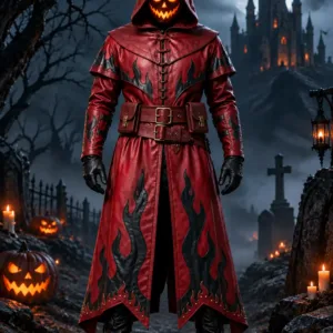 Black Flame Red Leather Trench Coat
