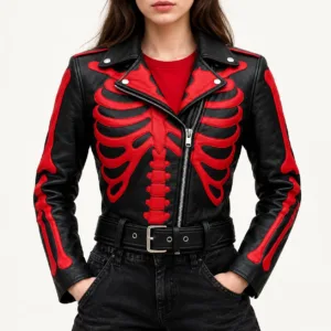 Black Leather Red ribcage Skeleton leather Jacket