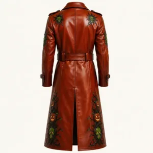 Gothic Halloween Pumpkin Brown Leather Coat Back